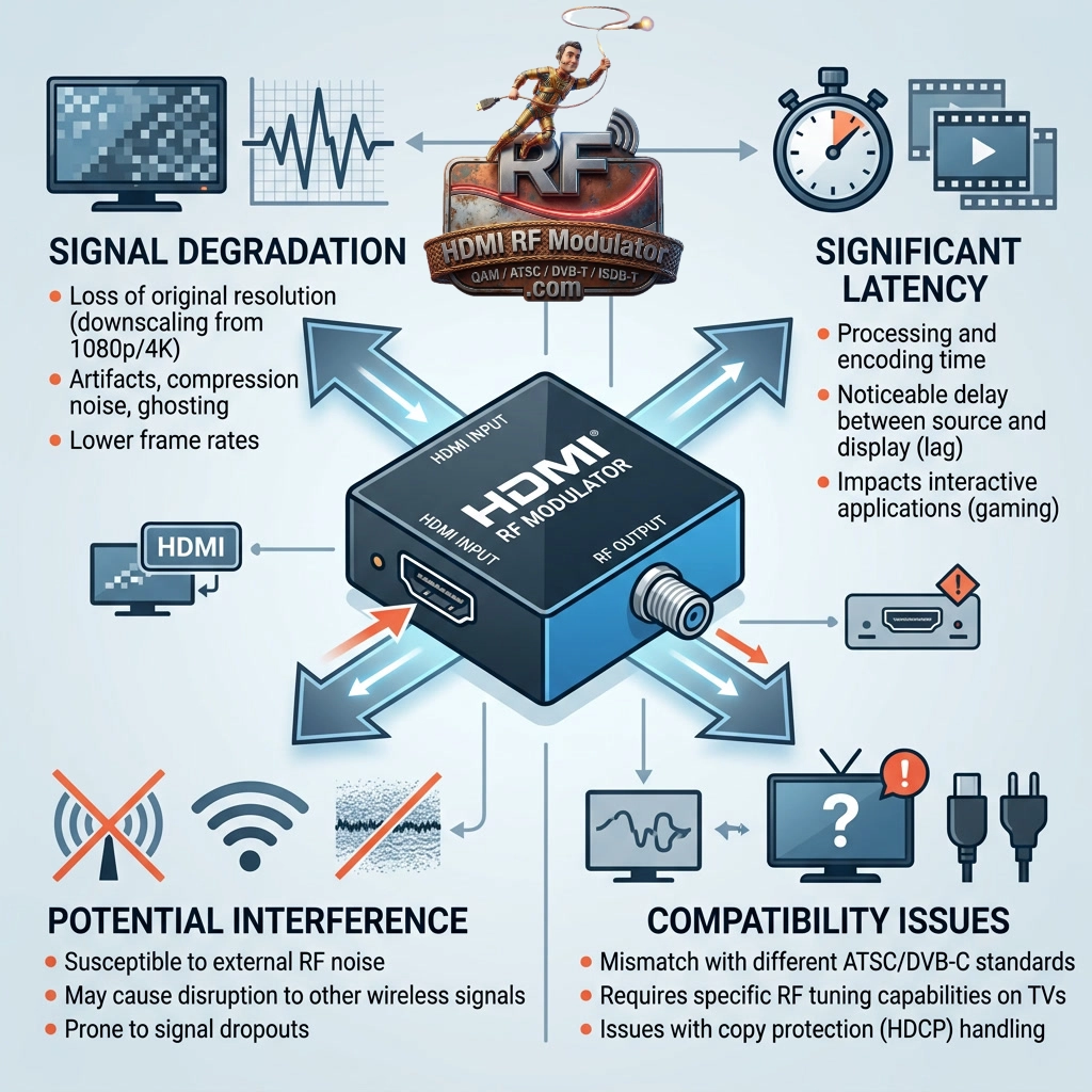 a graphic illustrating a few of the disadvantages of using an hdmi rf modulator
